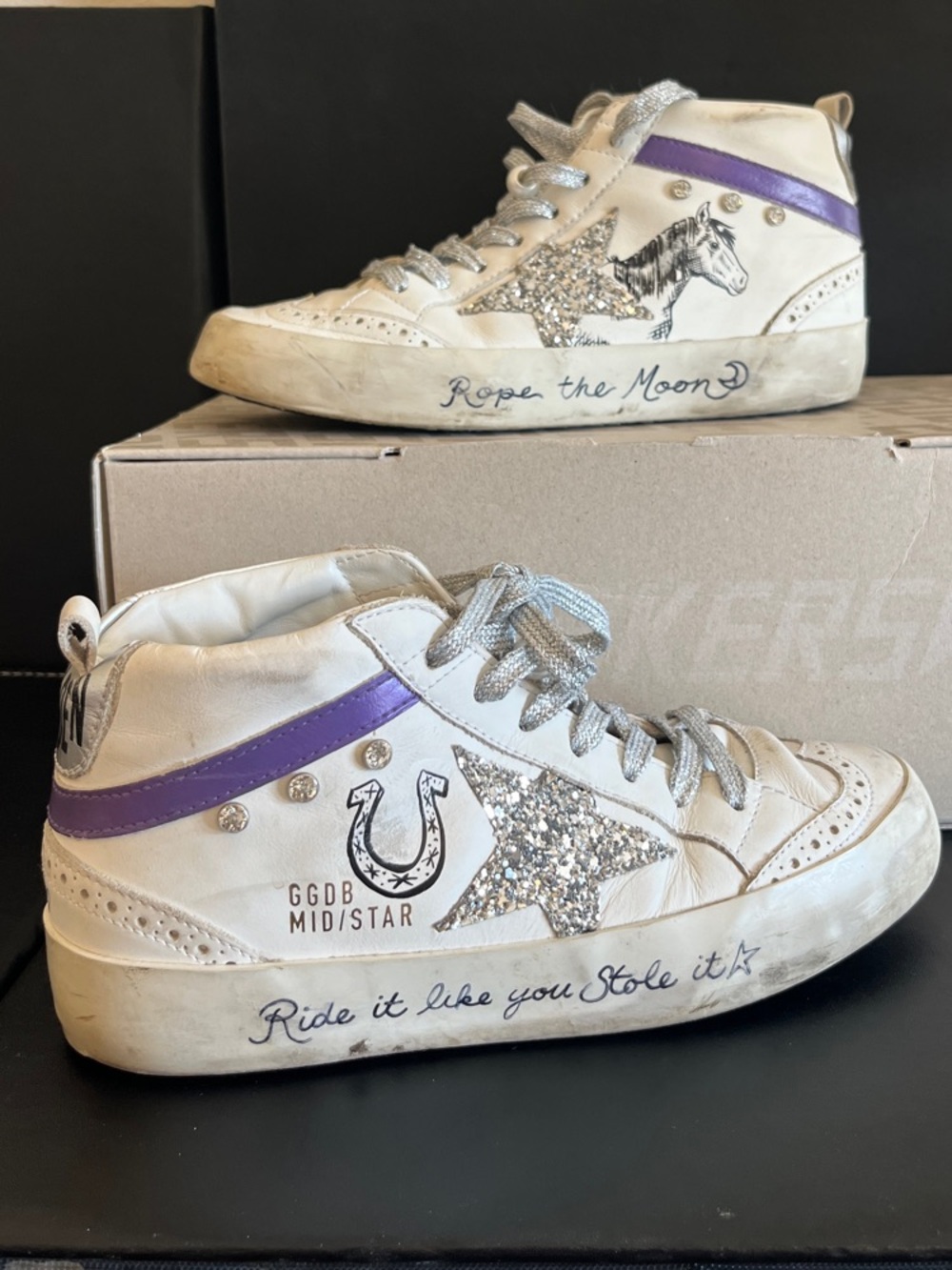 Custom Golden Goose White & Purple Mid Star High-Top Sneakers